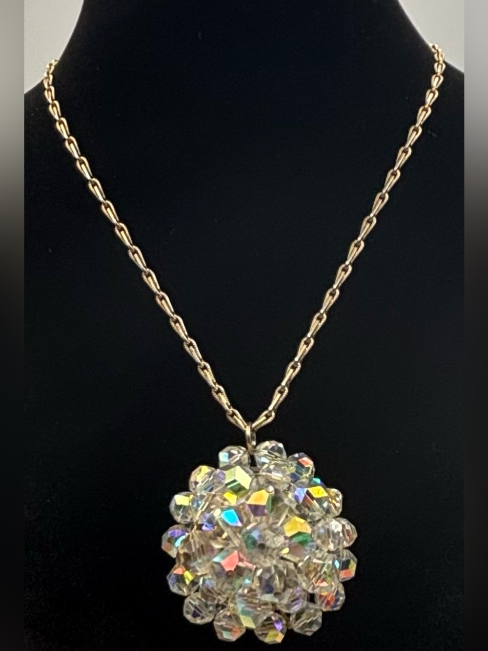 Vintage Aurora Borealis Crystal Ball Pendant And Gold Tone Chain